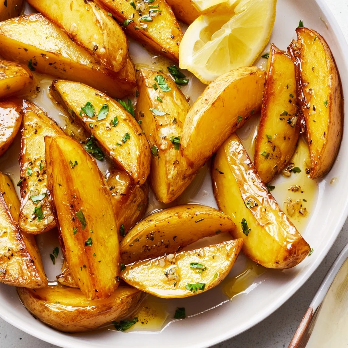 Roasted in olive oil and garlic, Authentic Greek Lemon Potatoes Recipe glistening.