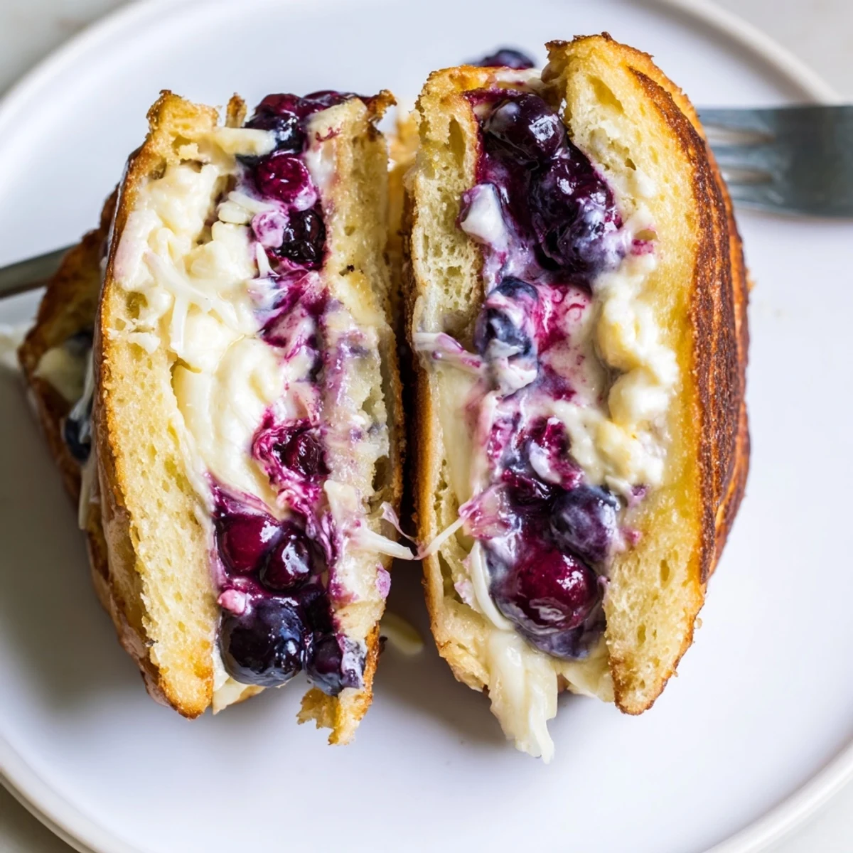 Juicy Blueberry Grilled Cheese with melted center, golden crust, bursting berries
