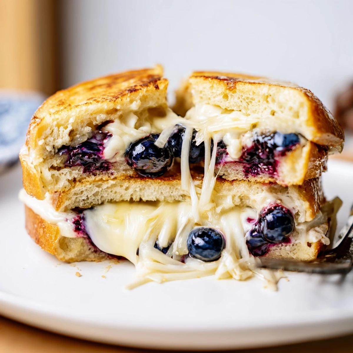 Warm Juicy Blueberry Grilled Cheese oozing creamy filling, sweet-tart blueberries visible