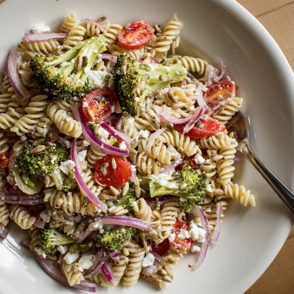 Broccoli Pasta Salad with crisp broccoli, al dente rotini, zesty vinaigrette glistening.