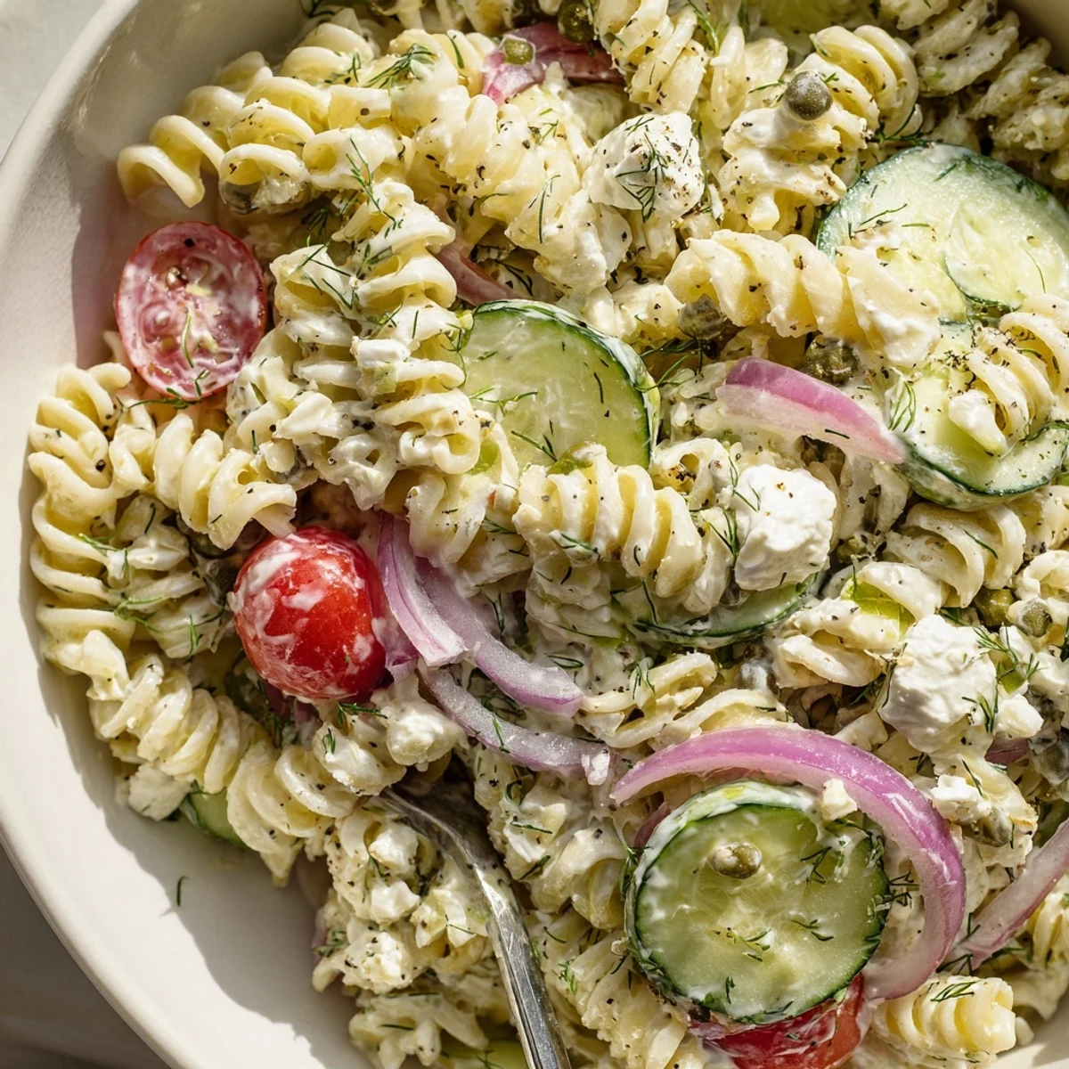 Cucumber Pasta Salad with creamy yogurt dressing, crisp cucumbers and dill