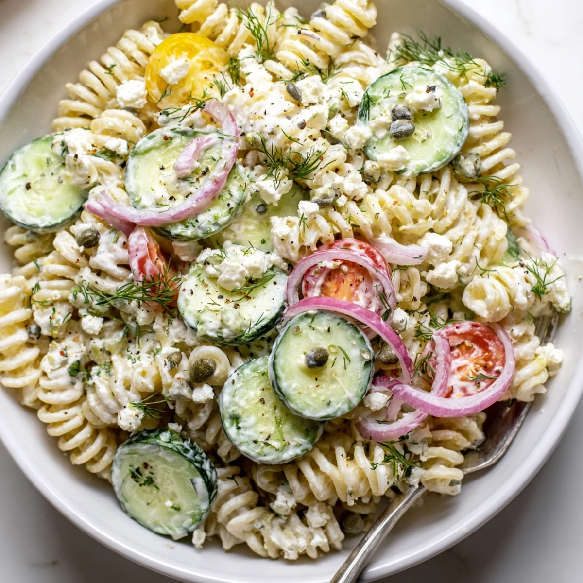 Chilled Cucumber Pasta Salad tossed with cherry tomatoes, feta, and lemon