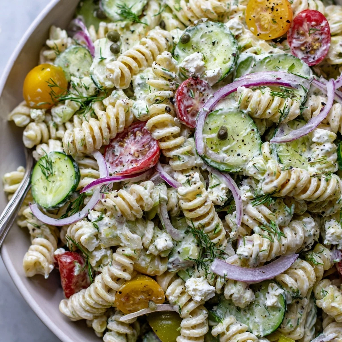 Bright Cucumber Pasta Salad served in a bowl, perfect for summer picnics