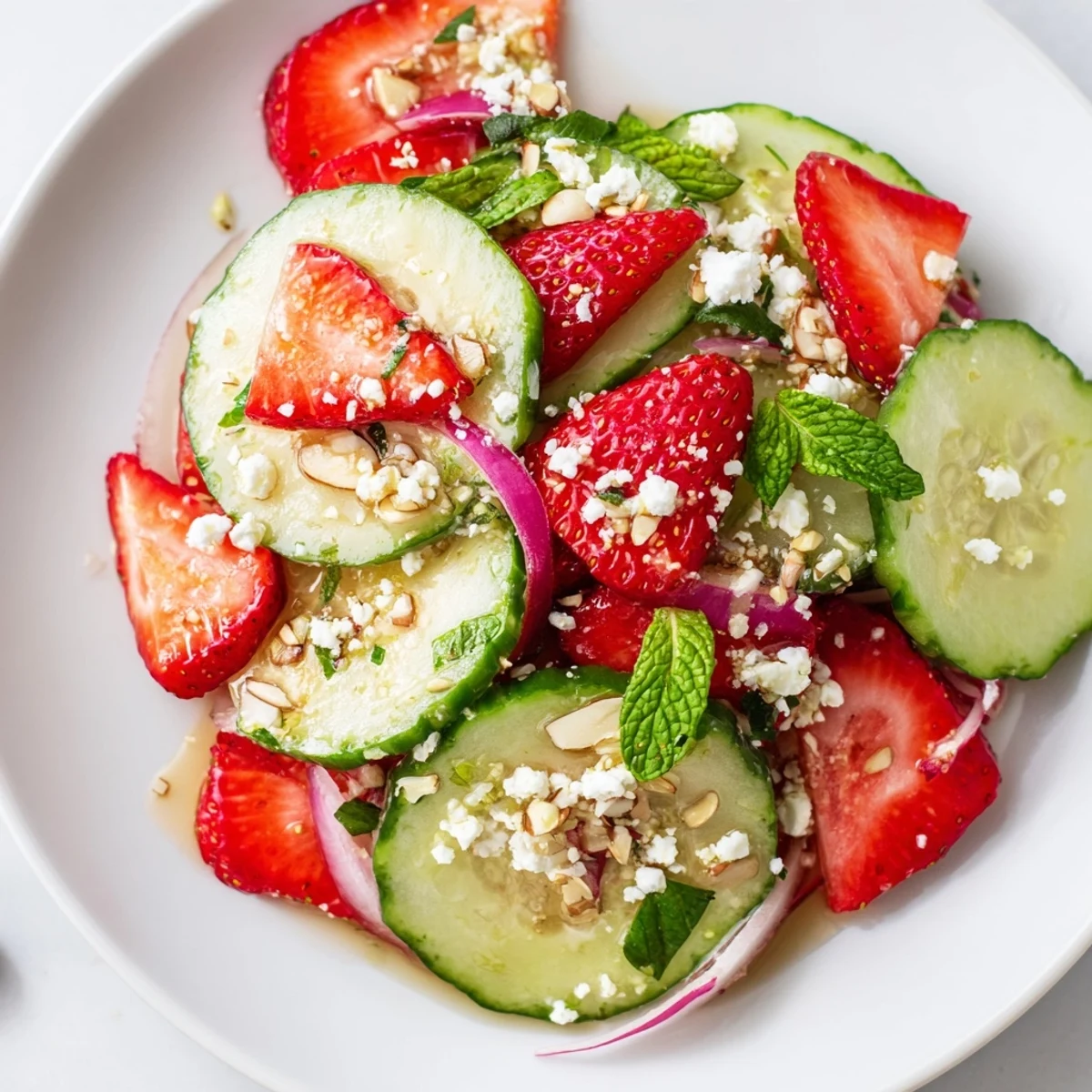 Cucumber Strawberry Salad with glistening sliced strawberries and crisp cucumbers