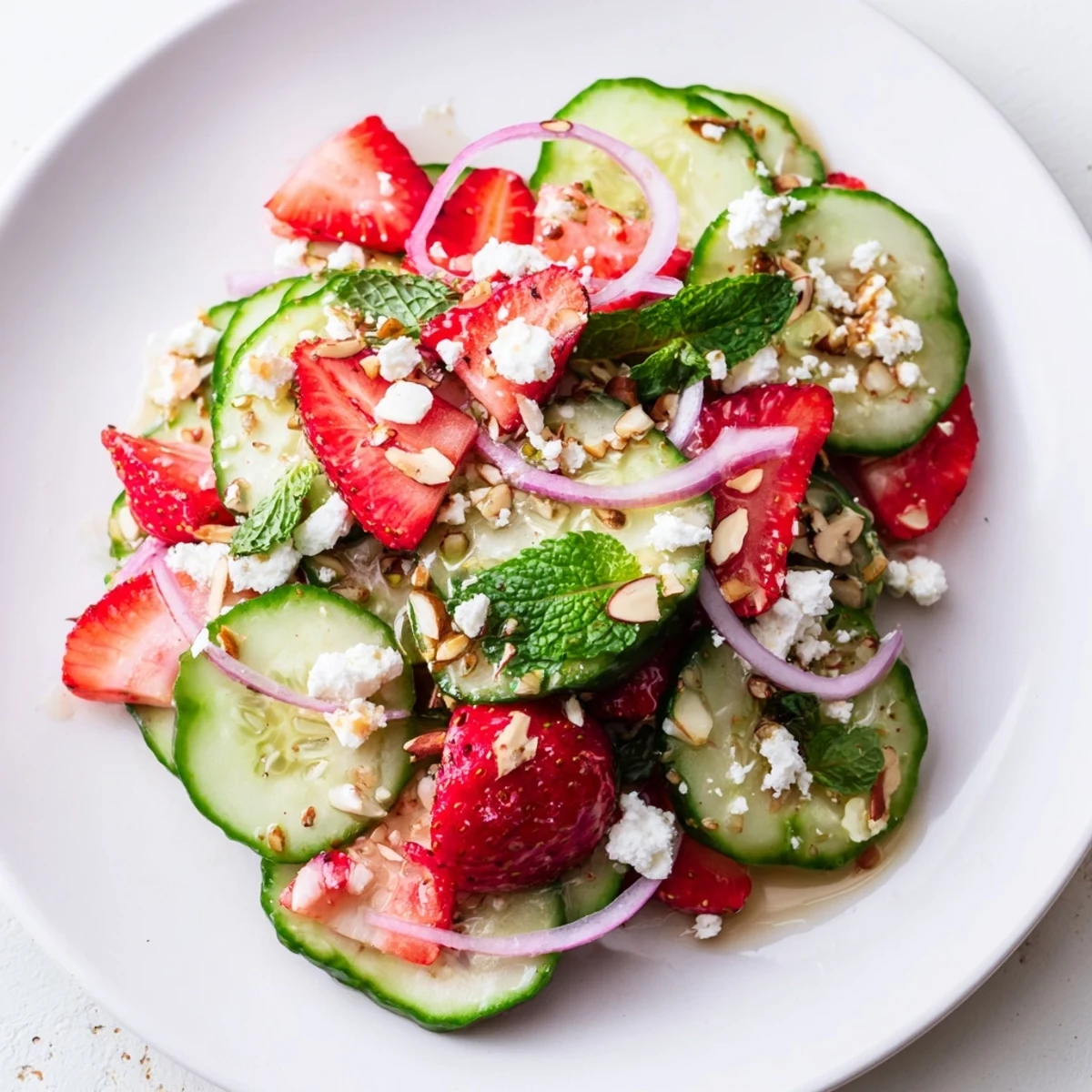 Bright Cucumber Strawberry Salad tossed with mint, red onion, zesty white balsamic