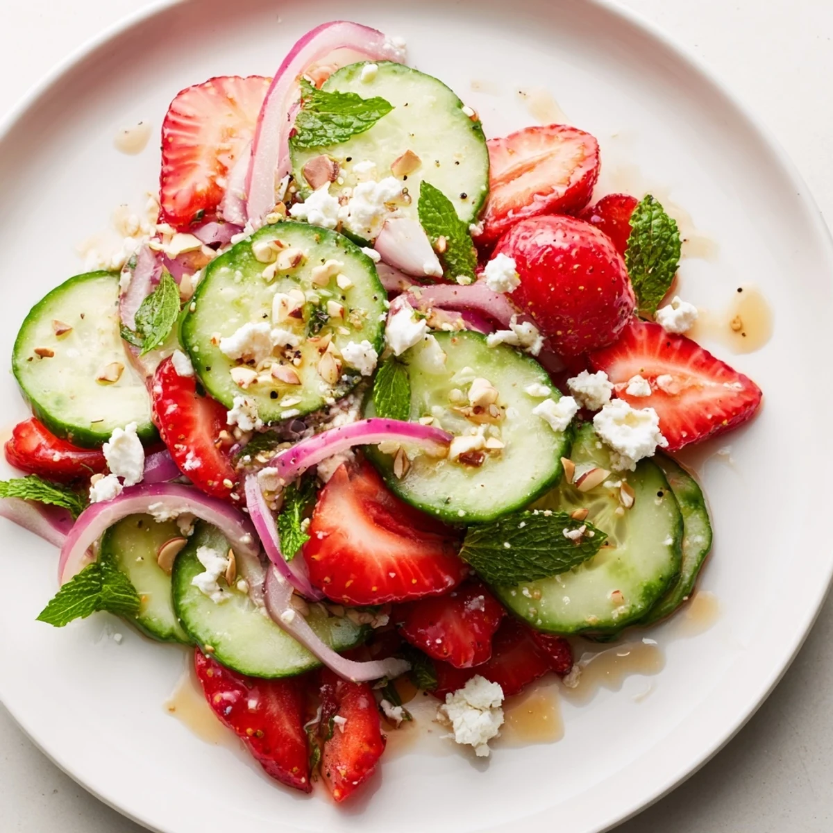 Chilled Cucumber Strawberry Salad topped with crumbled feta and toasted almonds