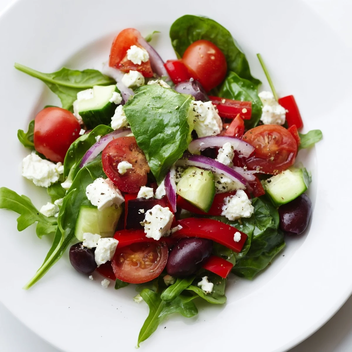 Plated for lunch, this Fresh Salad Recipe is topped with crumbled feta.