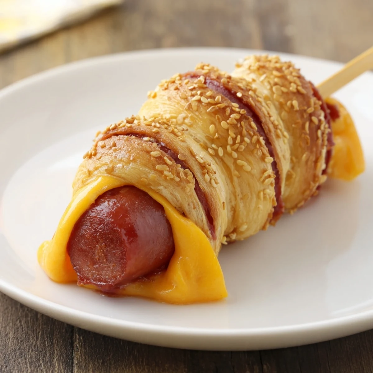 Golden, butter-brushed Firecracker Hot Dogs Recipe on skewers, ready for dipping