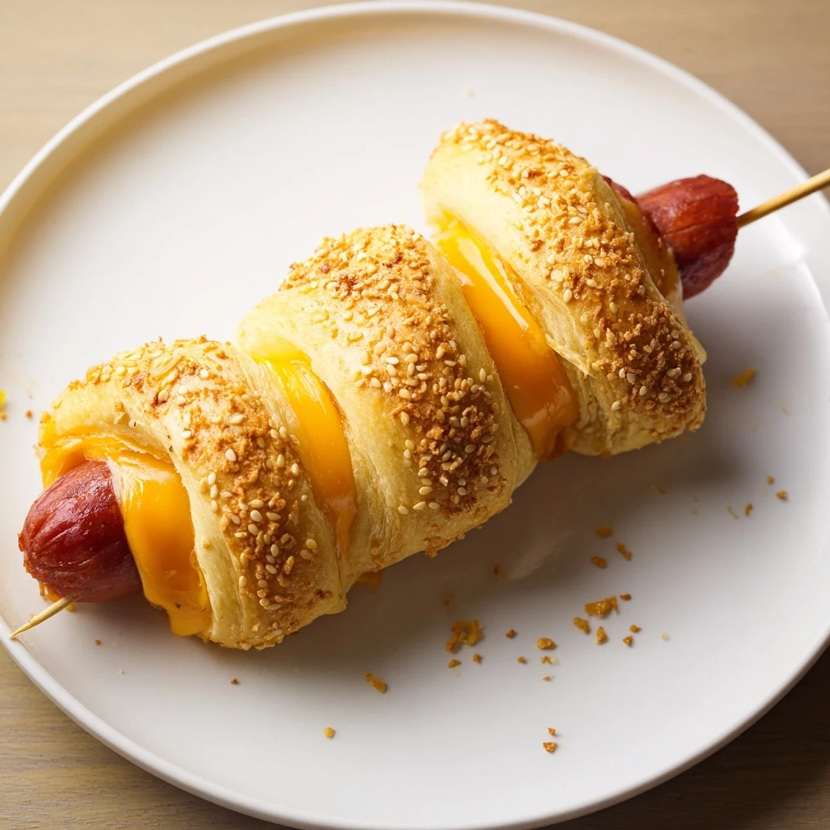 Warm spiral-wrapped Firecracker Hot Dogs Recipe, sesame-speckled, served with ketchup