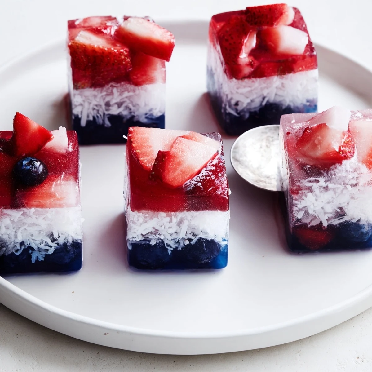 Chilled patriotic drinks topped with fruit-studded Red White And Blue Ice Cubes Recipe