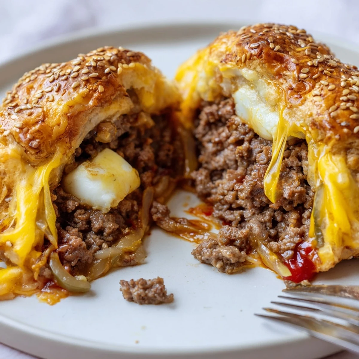 Golden baked Cheesy Cheeseburger Bombs Explosion Recipe oozing melted cheddar, topped with sesame seeds