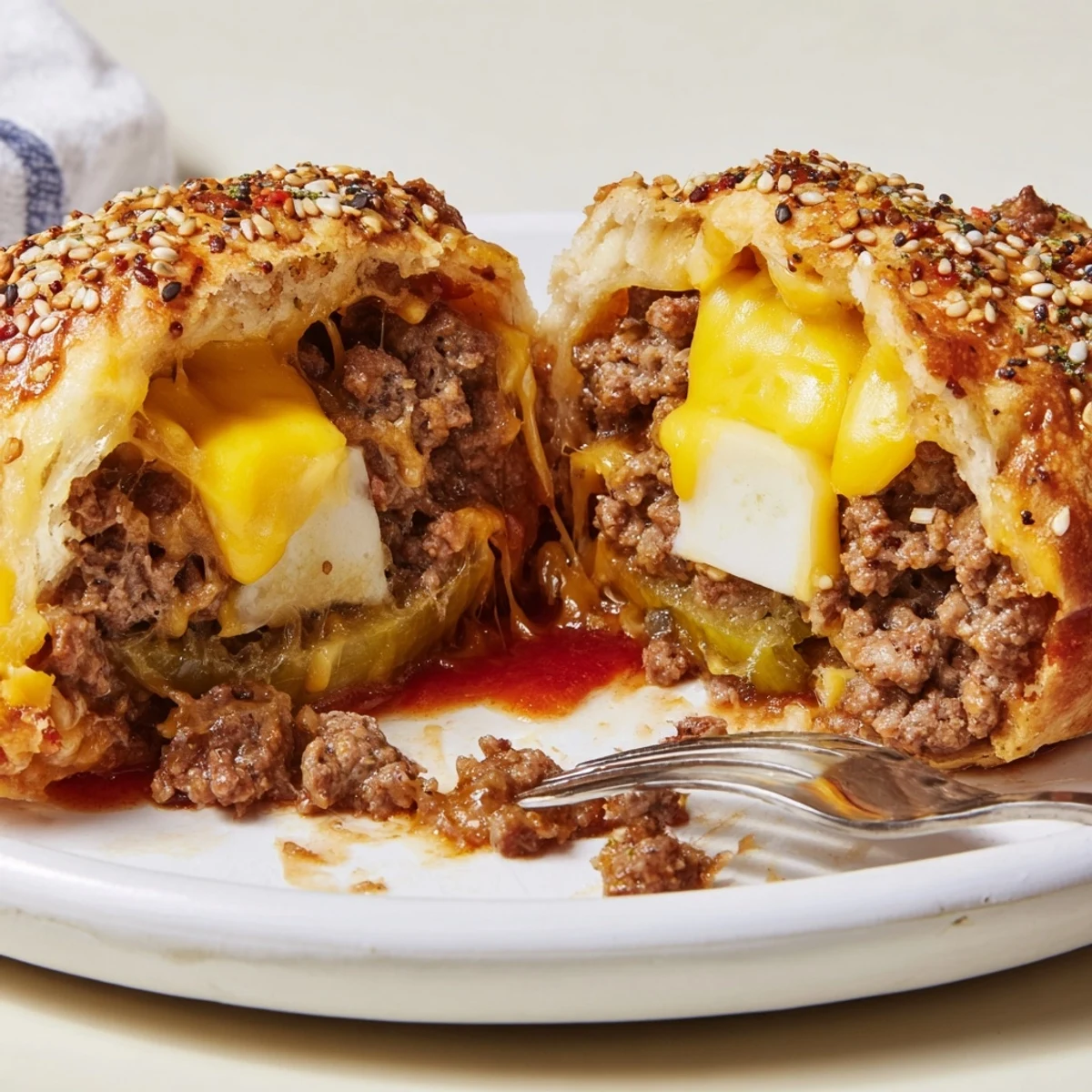 Crisp biscuit crust Cheesy Cheeseburger Bombs Explosion Recipe, juicy beef and pickles