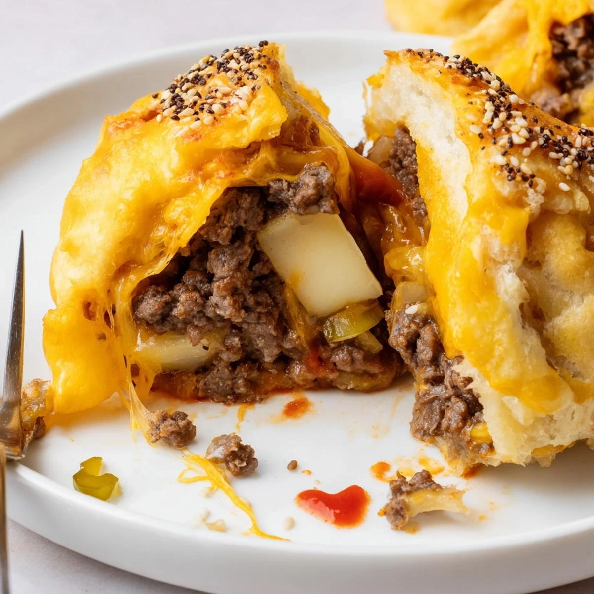 Cheesy Cheeseburger Bombs Explosion Recipe served warm with tangy ketchup dip nearby