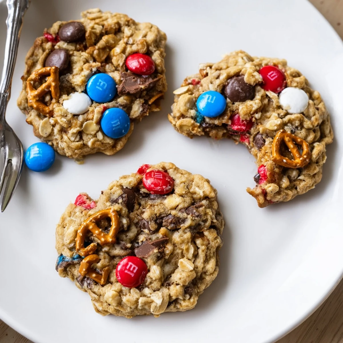 Chewy Patriotic Monster Cookies Recipe studded with red, white, and blue candies