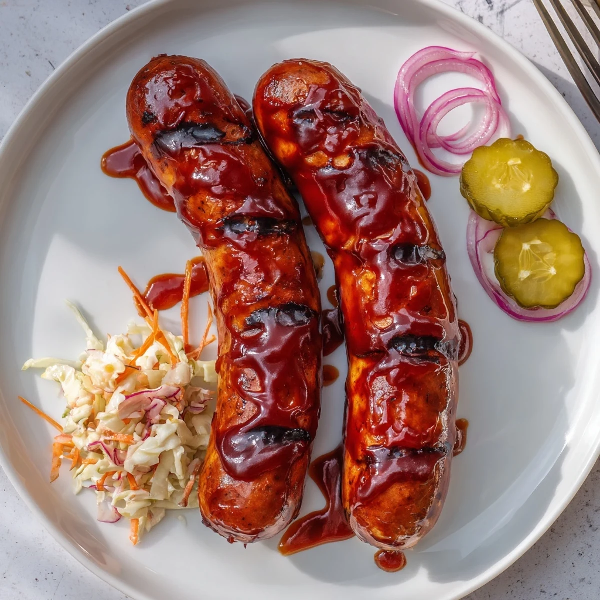 BBQ Sausage Recipe sizzling on grill, glossy sauce caramelized, ready to serve