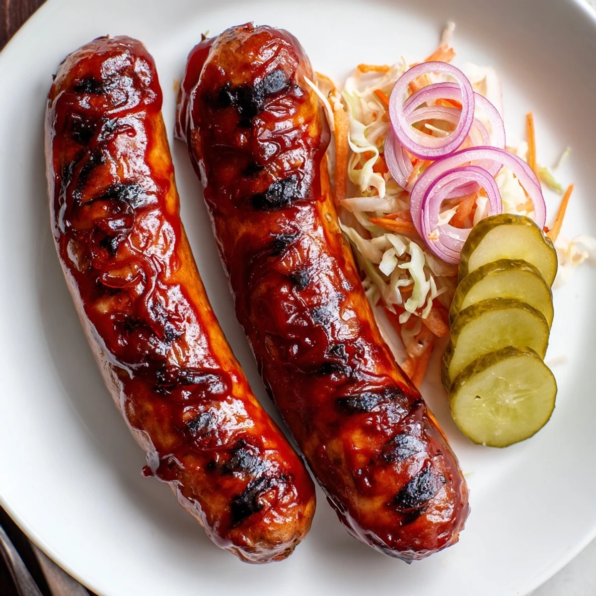 Smoky casings glisten as BBQ Sausage Recipe is brushed, served with baked beans