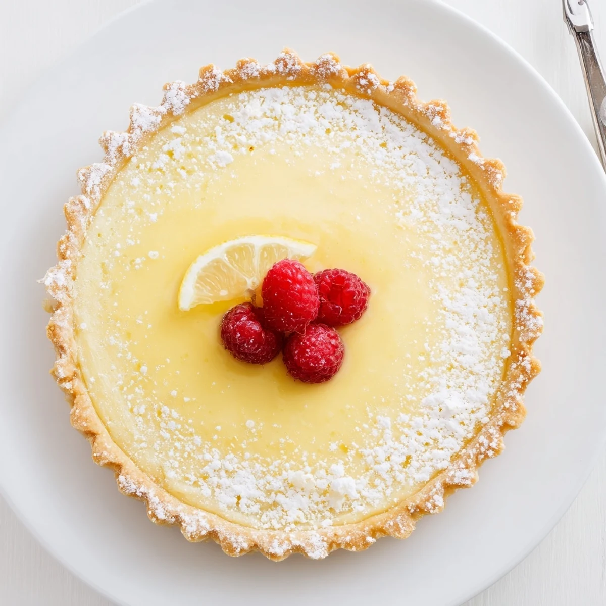 Creamy Lemon Tart Recipe with silky filling and crisp buttery crust, dusted powdered sugar
