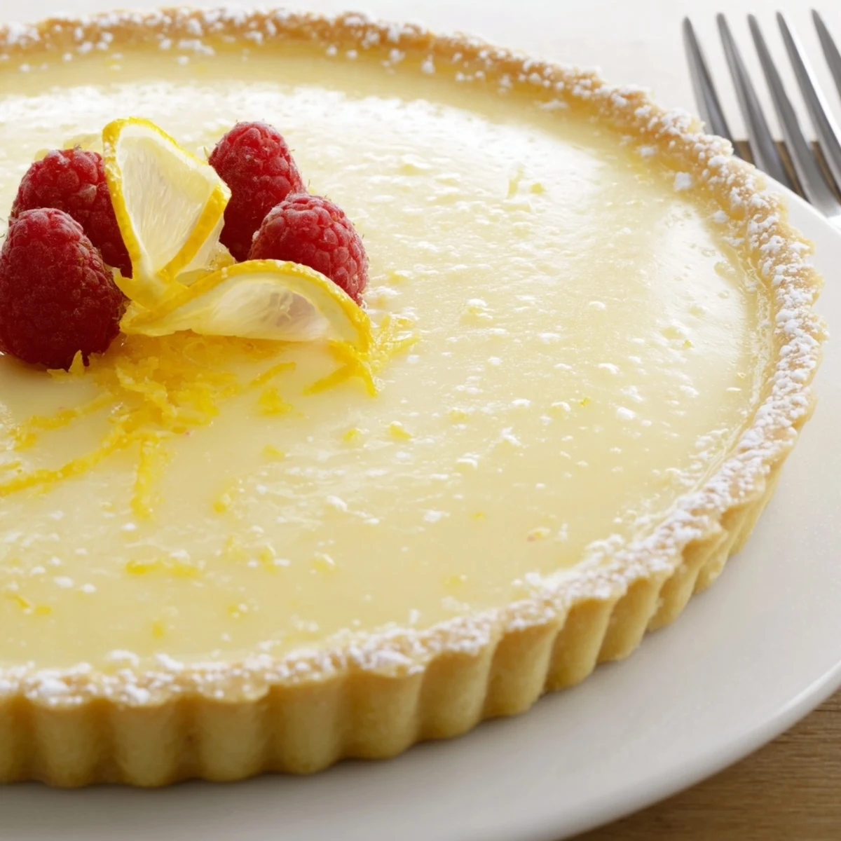 Baker cutting Creamy Lemon Tart Recipe, bright lemon zest aroma and slight jiggle