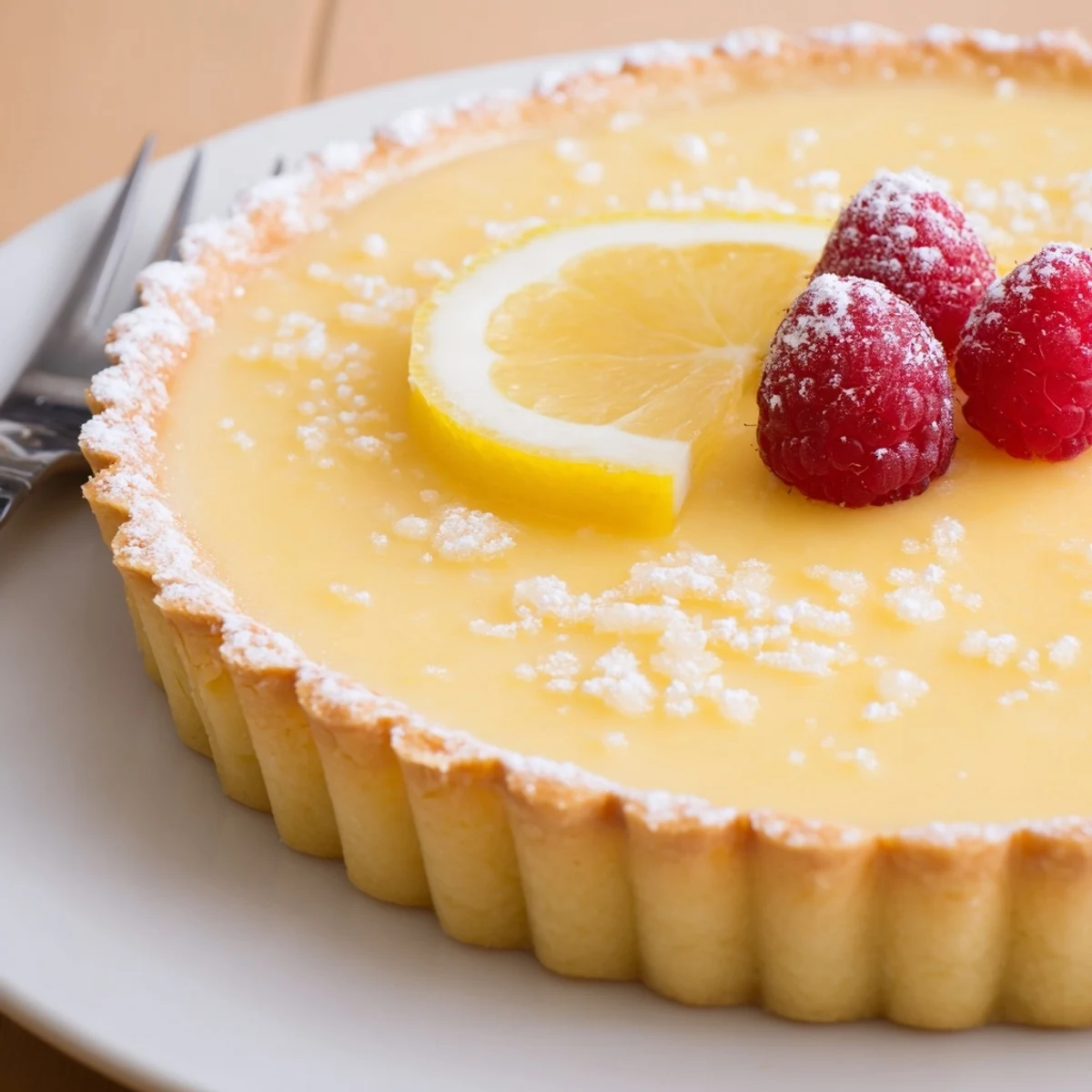 Slice of Creamy Lemon Tart Recipe served with fresh berries, chilled on plate