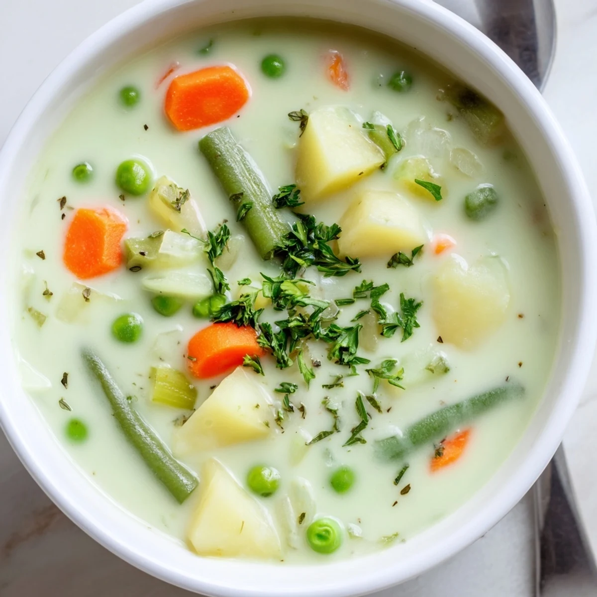 Creamy Vegetable Soup steaming in bowls with parsley garnish and crusty bread