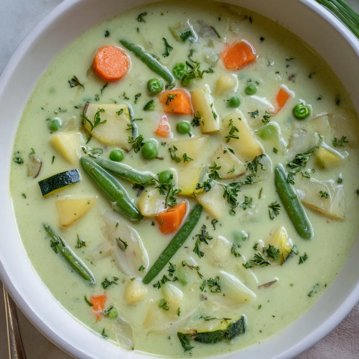 Comforting Creamy Vegetable Soup ladled into bowls for cool evening meals