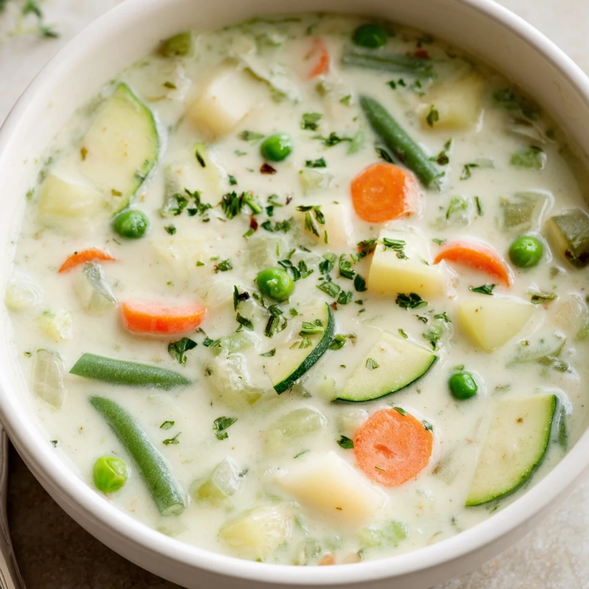 Warm Creamy Vegetable Soup recipe, velvety smooth and topped with parsley