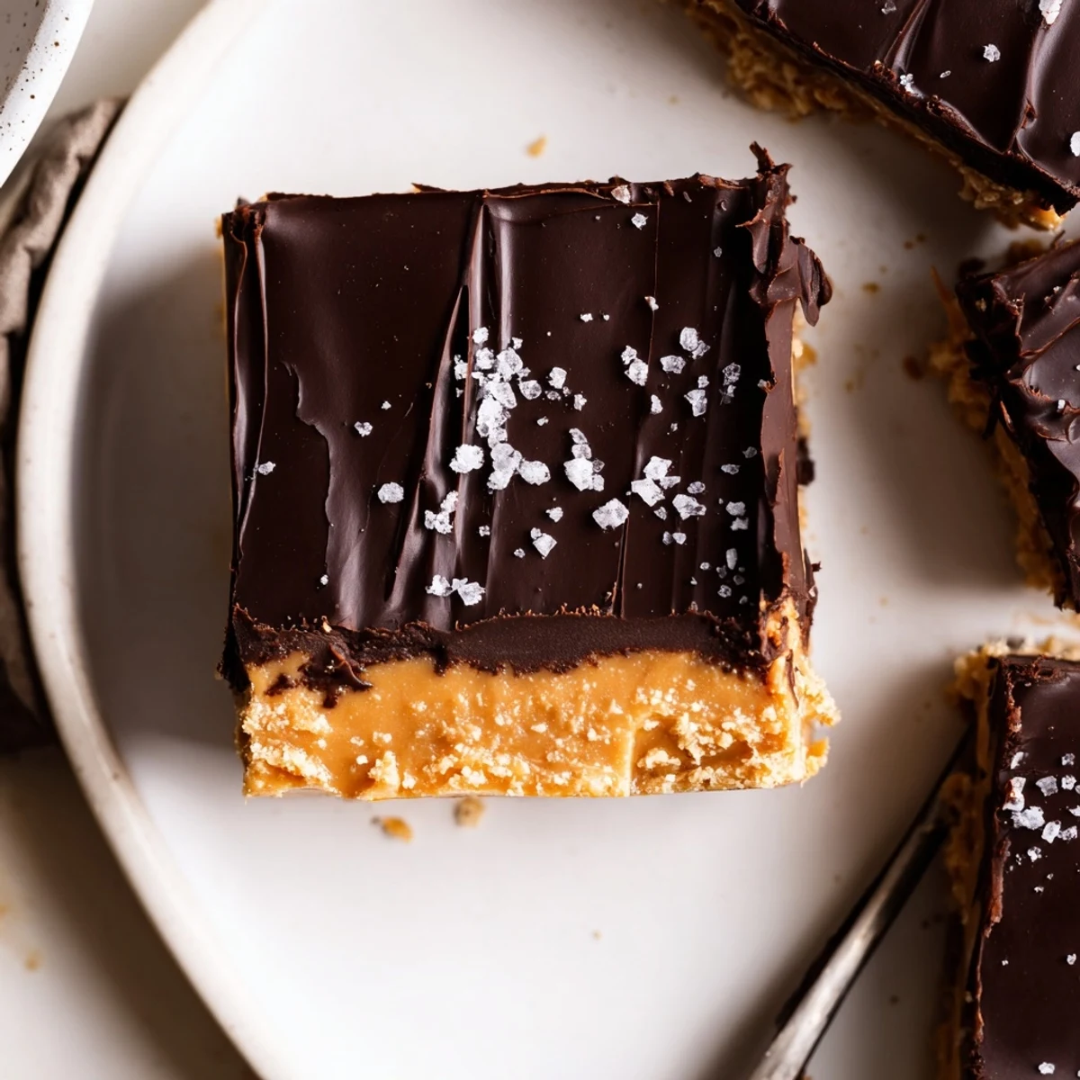 Pan of No Bake Peanut Butter Bars, creamy peanut base and crunchy crumbs