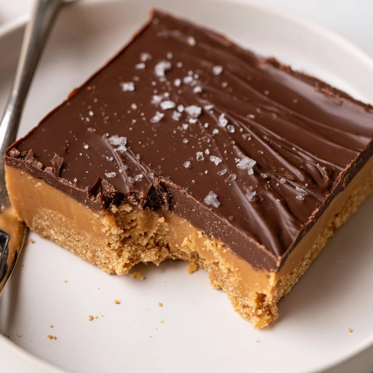 Stacked No Bake Peanut Butter Bars dusted with sea salt, sweet and indulgent