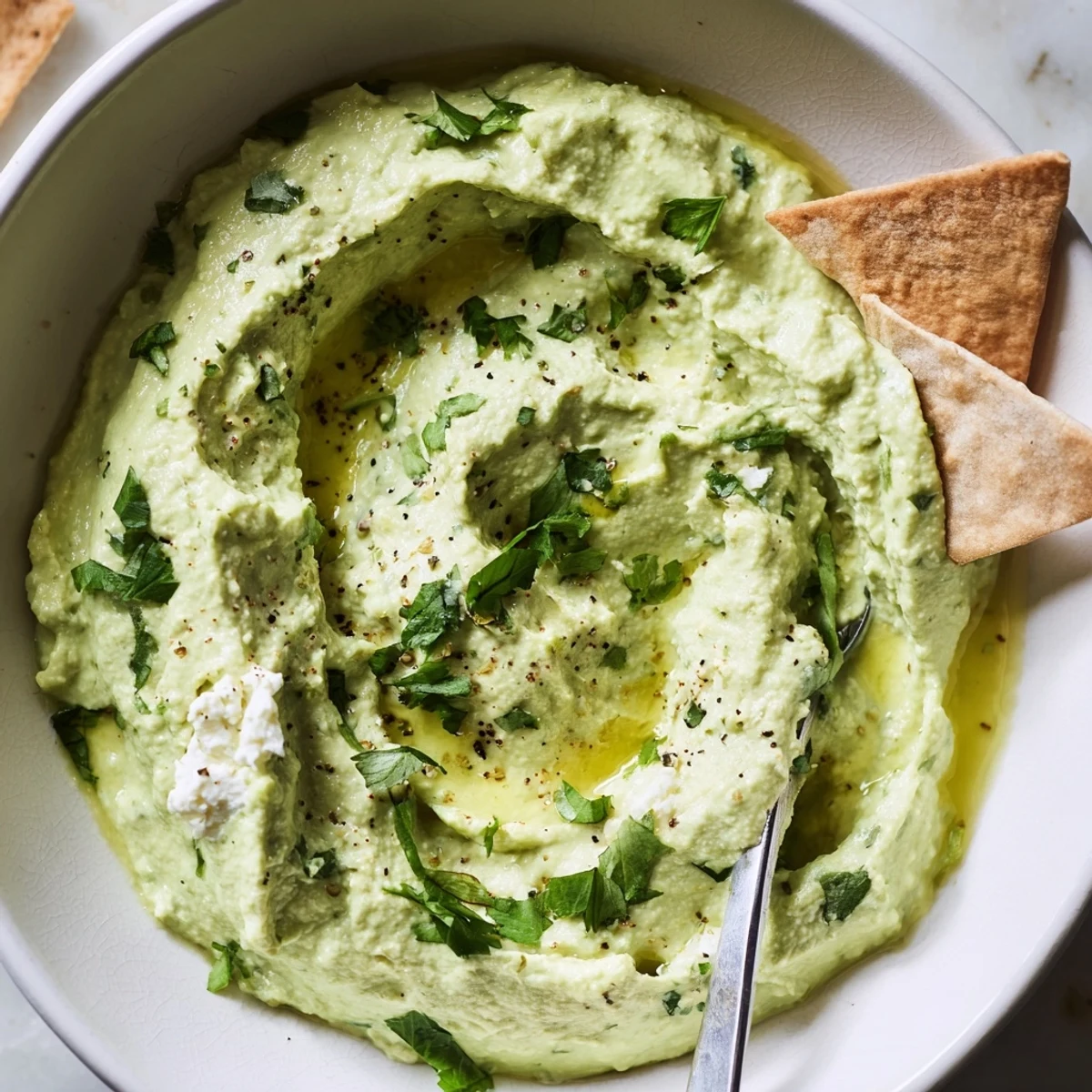 Creamy Avocado Feta Dip in bowl, silky texture, drizzled olive oil