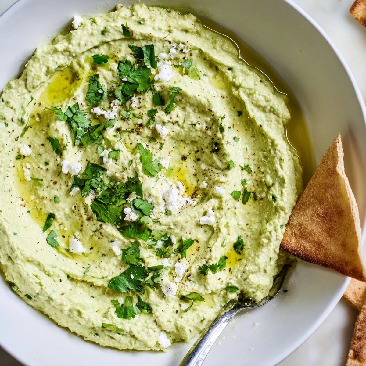 Homemade Creamy Avocado Feta Dip served with warm pita chips, bright lime