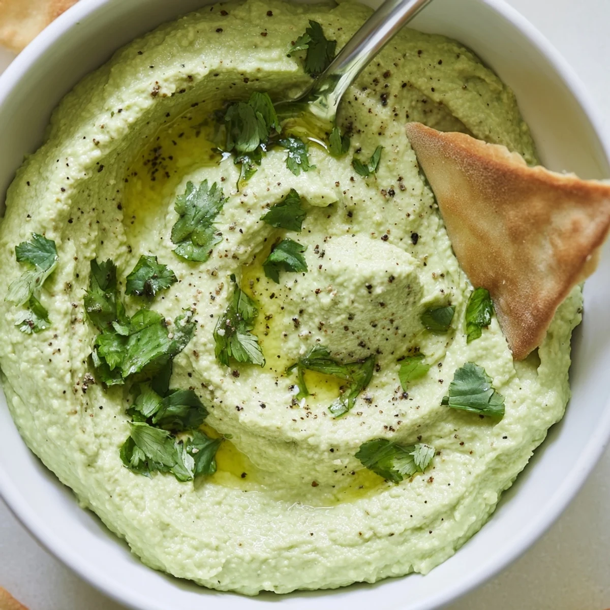 Creamy Avocado Feta Dip garnished with cilantro, lime wedge, coarse pepper
