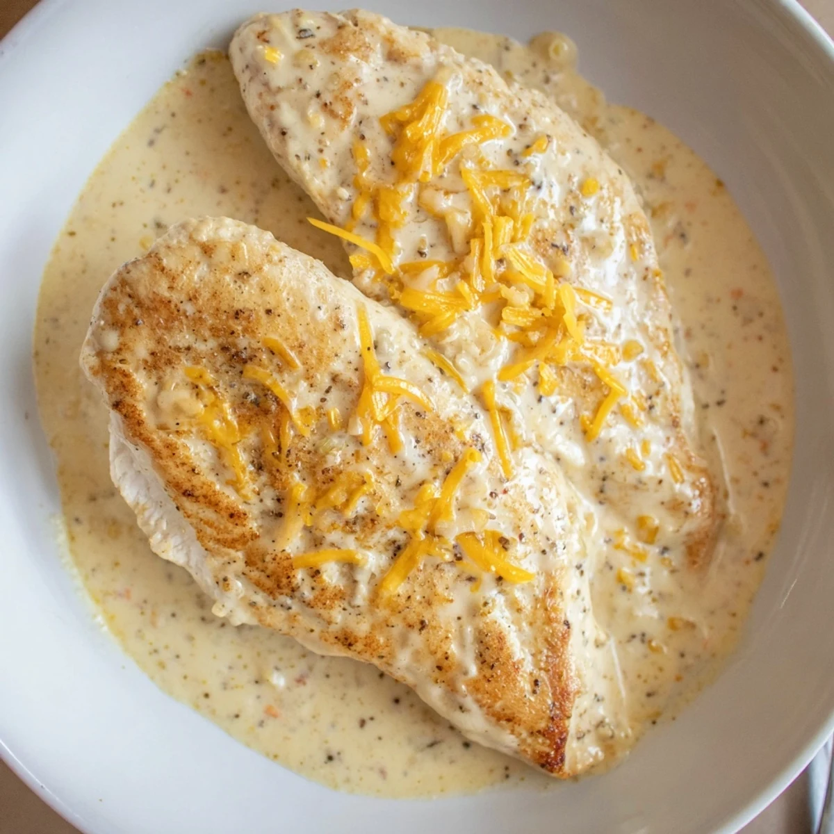 Chicken With Cheese Sauce: seared golden breasts smothered in silky cheddar sauce