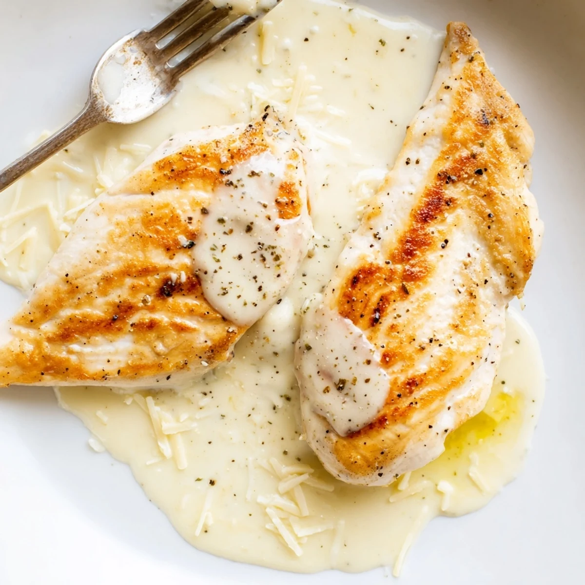 Oven-baked Chicken With Cheese Sauce, browned edges and velvety garlic mustard flavor