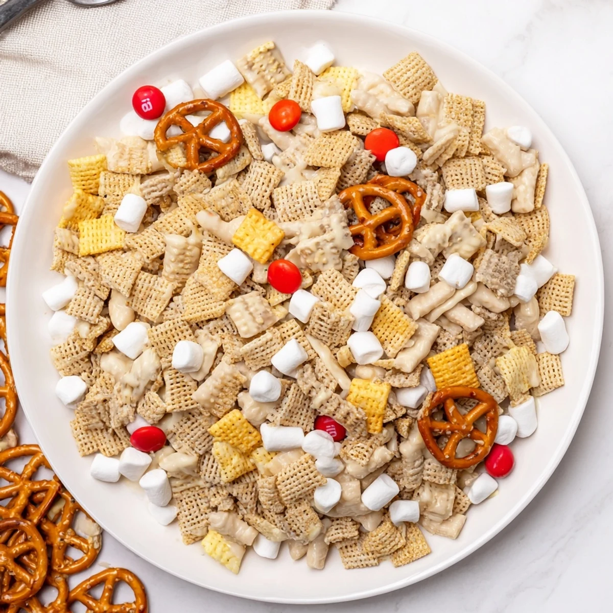 White Trash Snack Mix piled on parchment, glossy white chocolate coating, party-ready