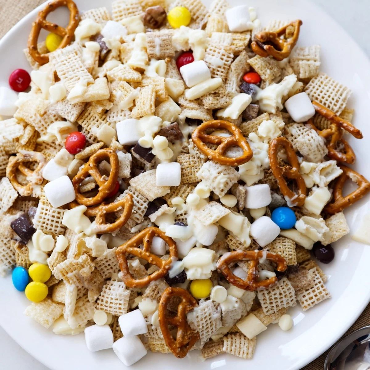 Crunchy White Trash Snack Mix with pretzels, peanuts, marshmallows, sweet white chocolate