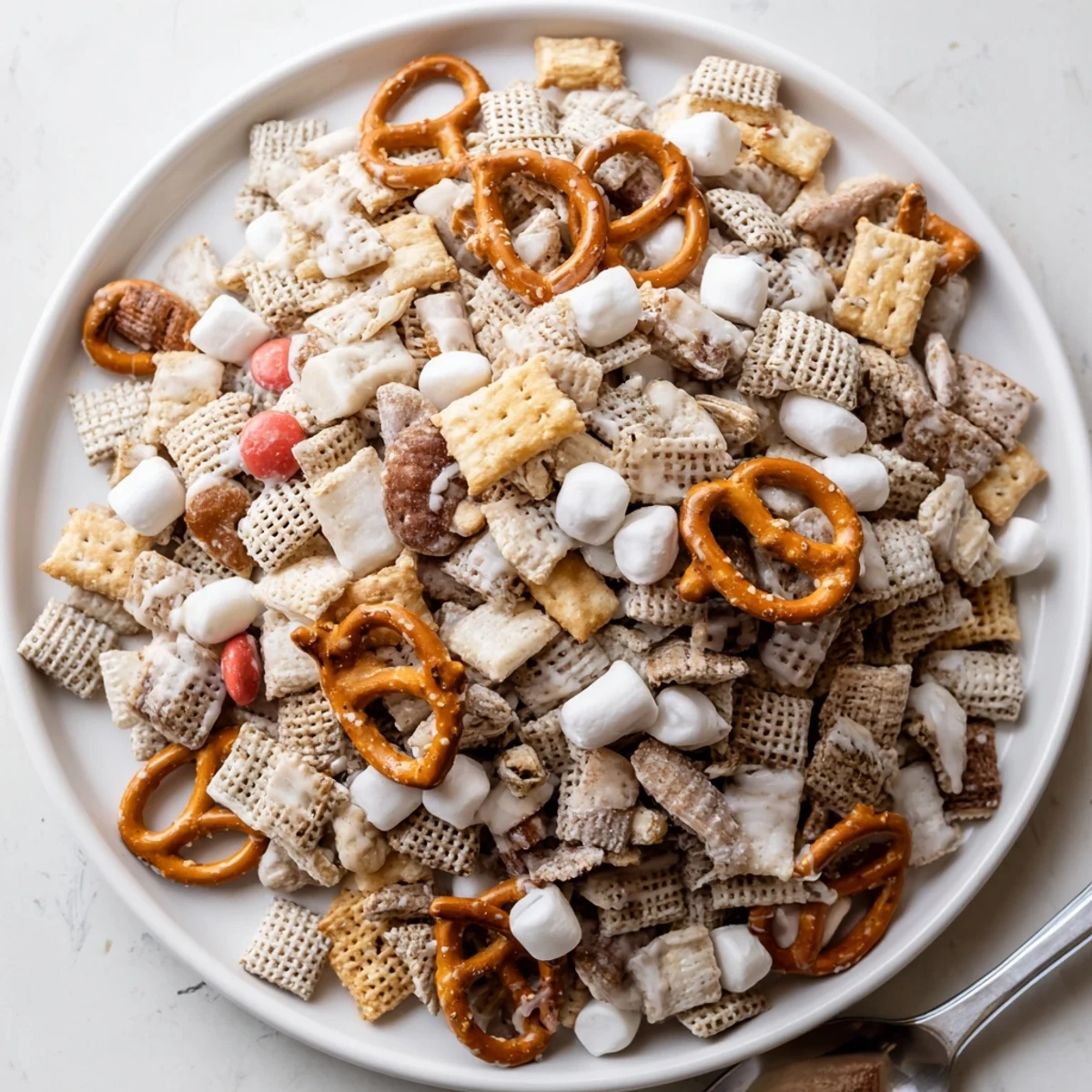 Handful of White Trash Snack Mix broken into clusters, perfect for sharing