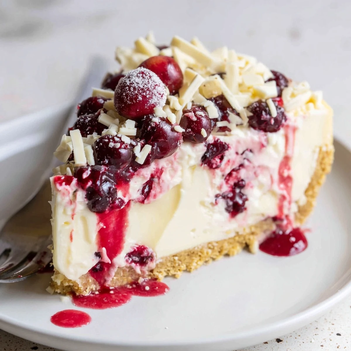 No Bake Cranberry White Chocolate Cheesecake with glossy cranberry topping and creamy slice