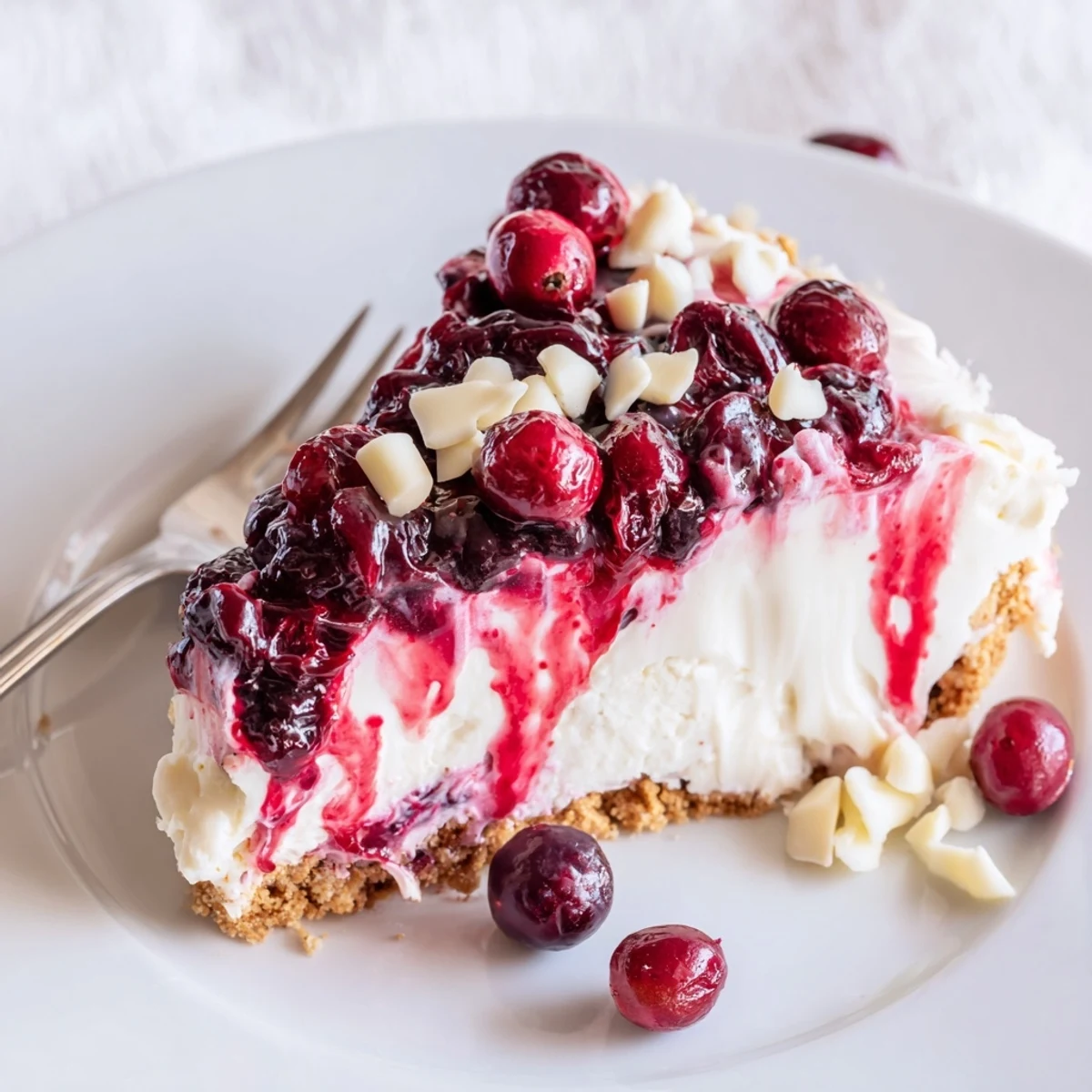 Chilled No Bake Cranberry White Chocolate Cheesecake atop buttery graham crust, silky filling
