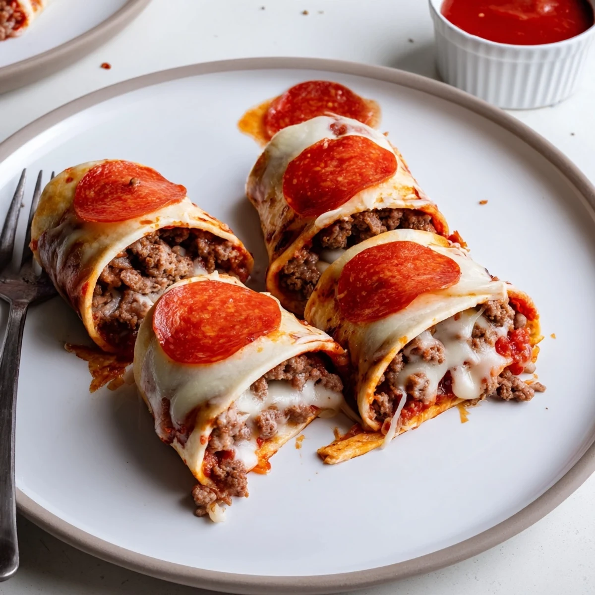 Cheesy Beef Pepperoni Pizza Roll Ups Snack Recipe showing golden baked spirals, gooey cheese
