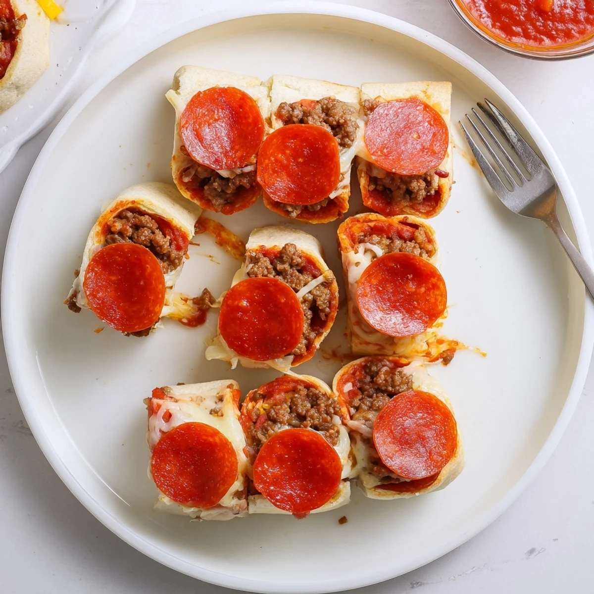 Warm Cheesy Beef Pepperoni Pizza Roll Ups Snack Recipe served with rich pizza sauce