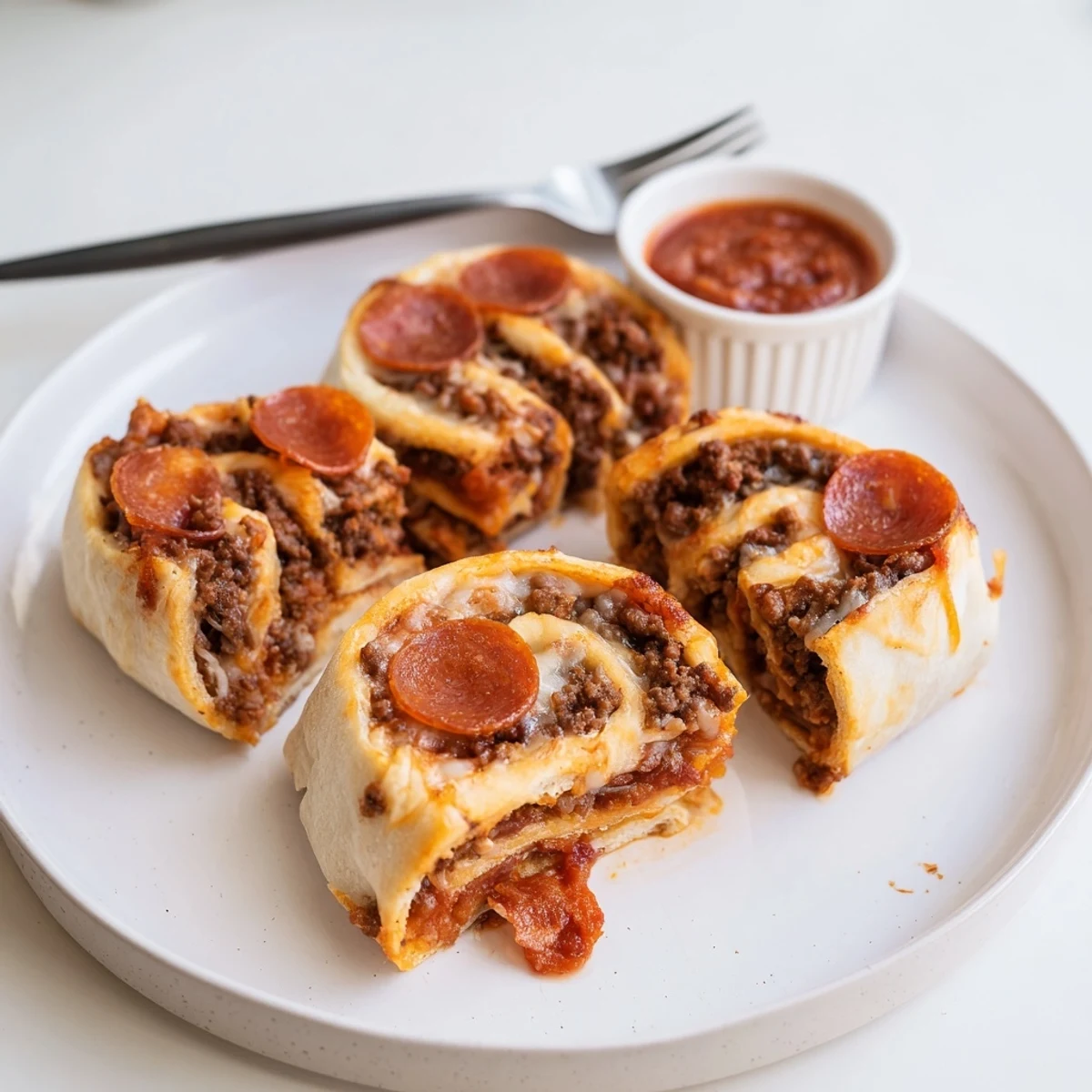 Freshly baked Cheesy Beef Pepperoni Pizza Roll Ups Snack Recipe, crispy edges, melty center