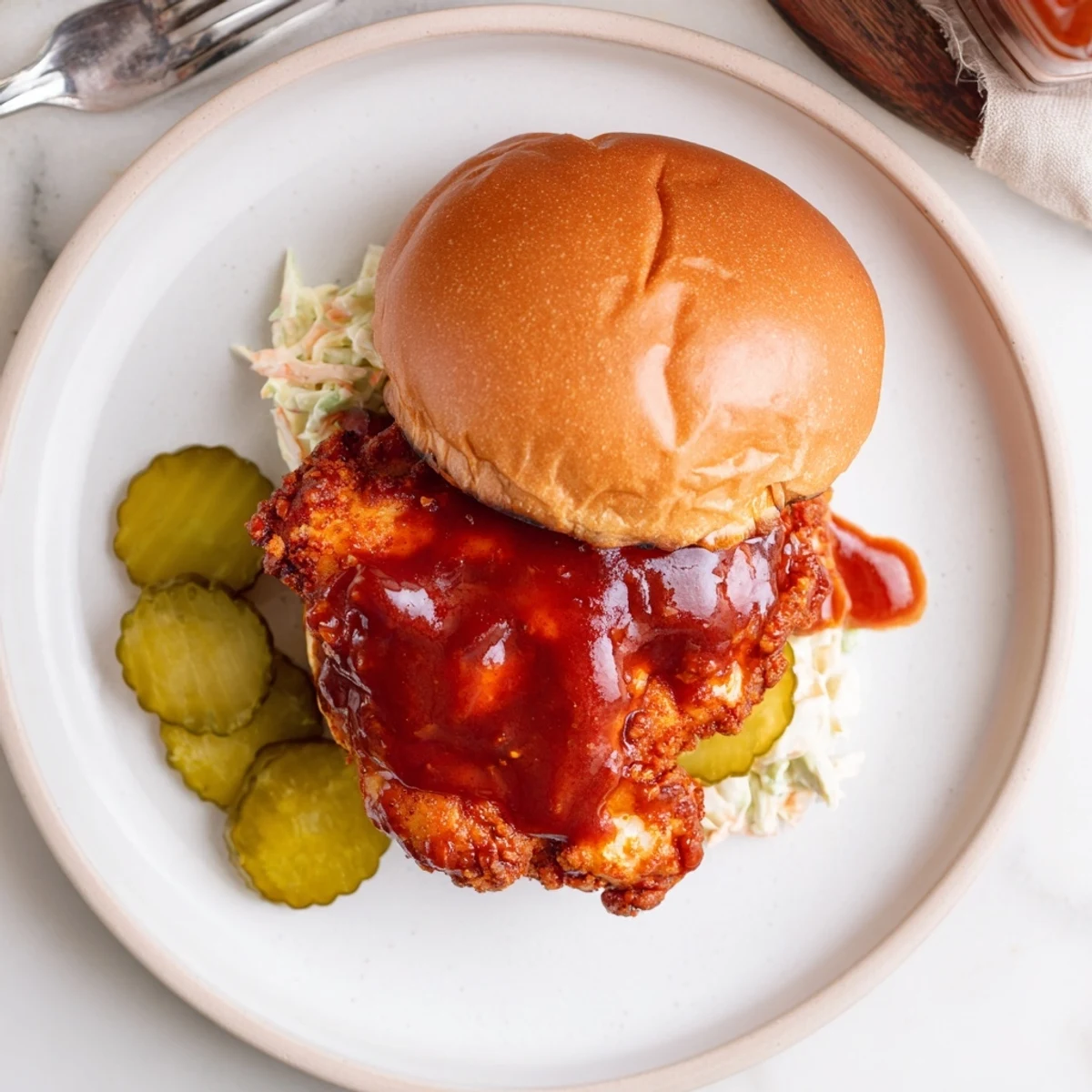 Spicy Nashville Hot Chicken Sandwiches with glossy cayenne glaze, crunchy pickles and slaw