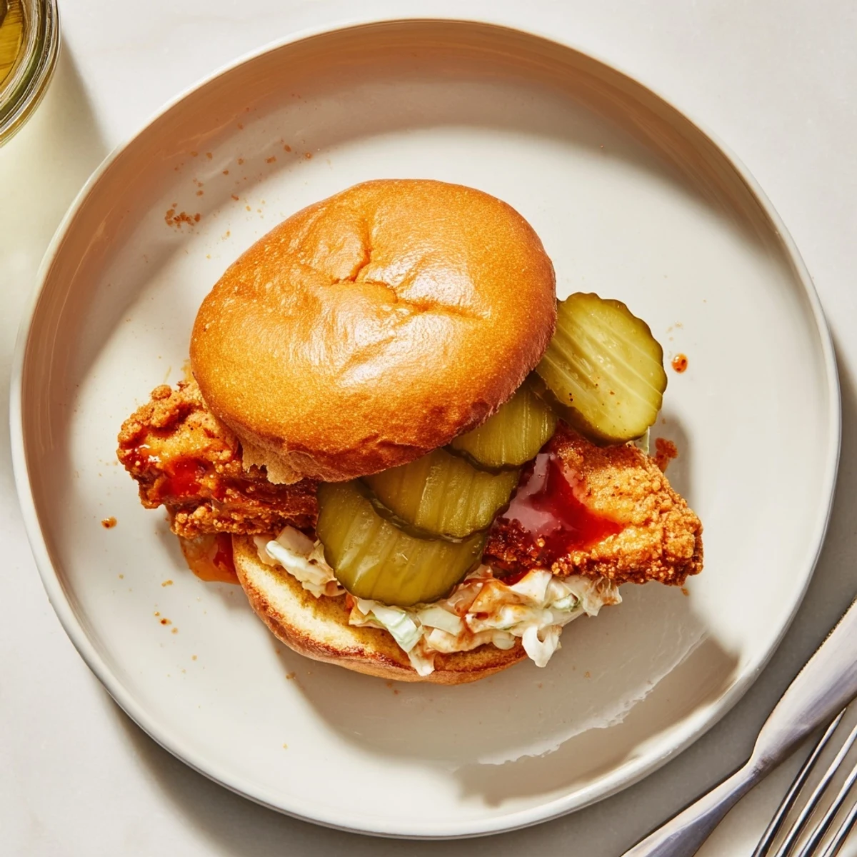 Crispy, fiery Spicy Nashville Hot Chicken Sandwiches served with cold dill pickles, iced tea
