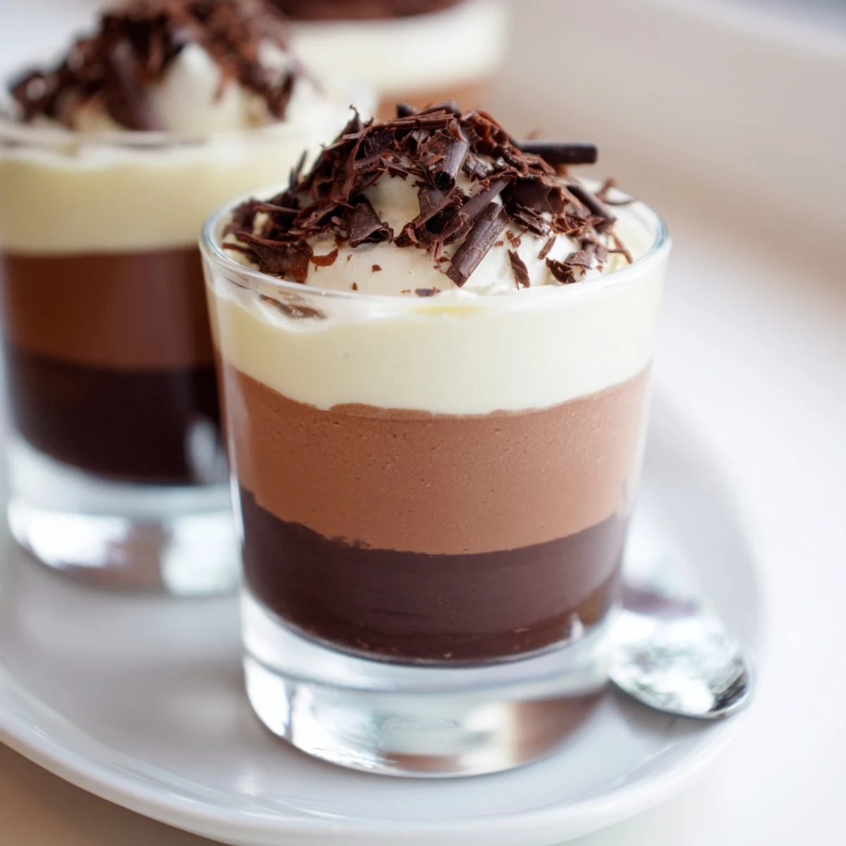 Triple Chocolate Mousse Cups layered in glasses, glossy swirls and cocoa dusting