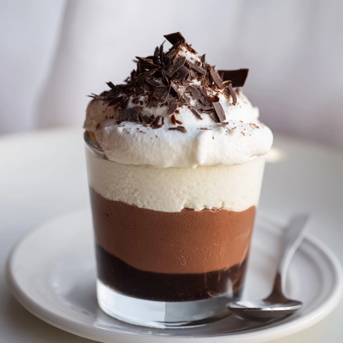 Serve Triple Chocolate Mousse Cups garnished with shaved chocolate, creamy texture visible
