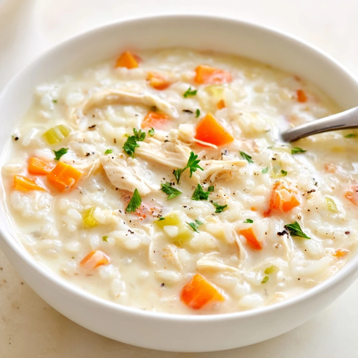 Creamy Chicken Rice Soup steaming in a bowl, tender chicken and vegetables  