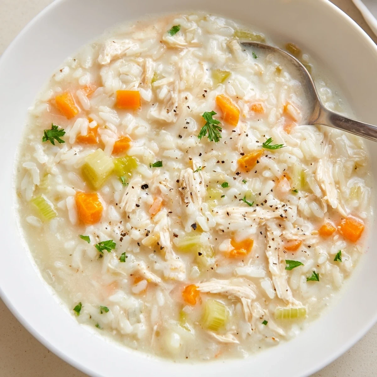 Creamy Chicken Rice Soup spoon lifting velvety broth, rice plump, herbs sprinkled  