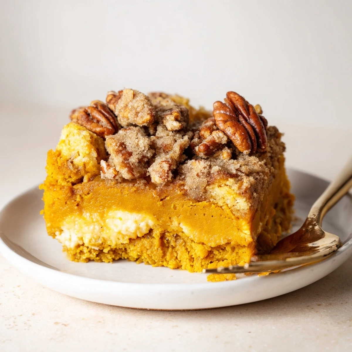 Slices of Pumpkin Dump Cake served with vanilla ice cream, cozy autumn aroma