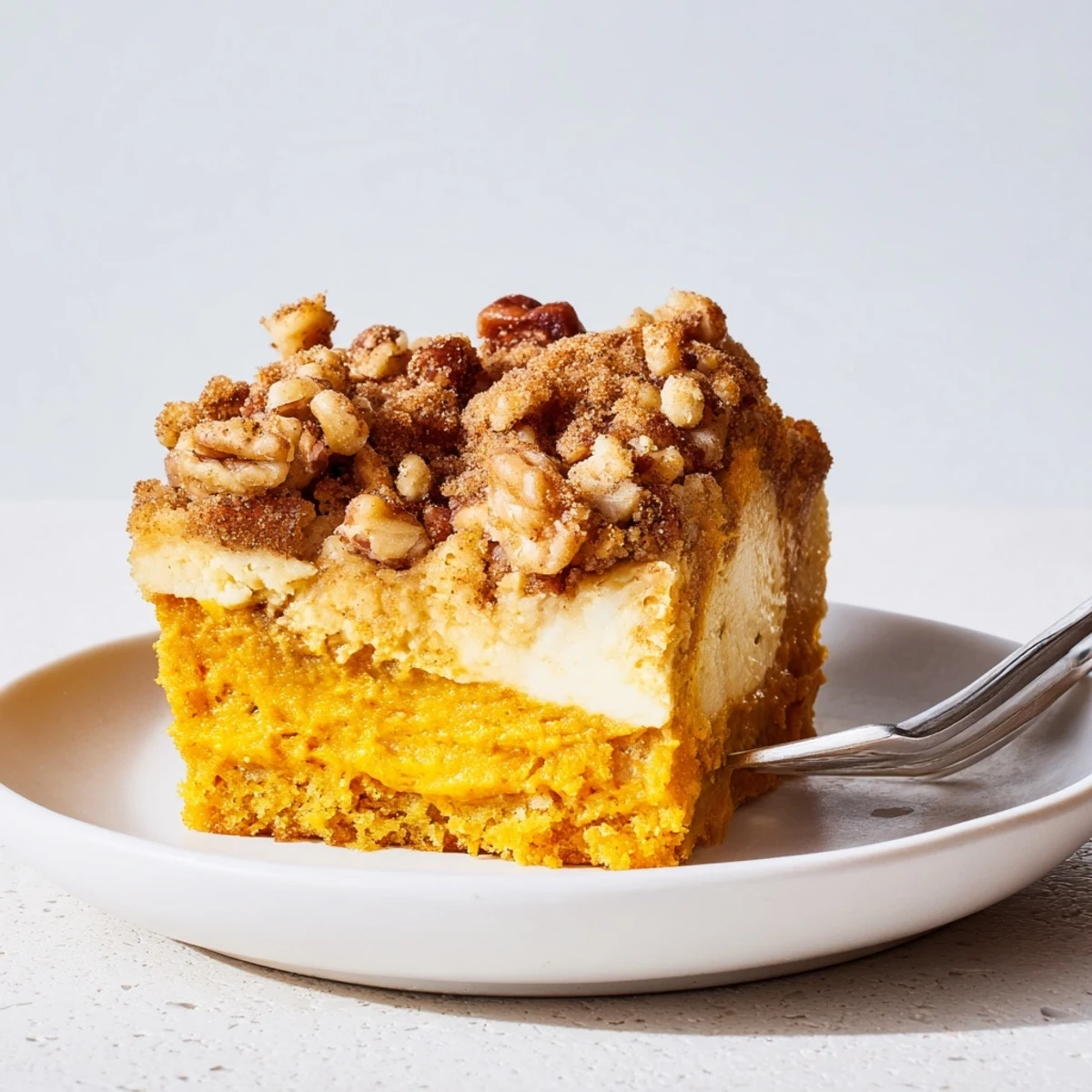 Warm Pumpkin Dump Cake bubbling with spiced pumpkin and crunchy pecan topping