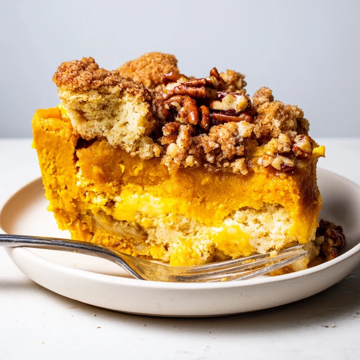Golden baked Pumpkin Dump Cake cooling in pan, buttery cake mix and caramelized edges